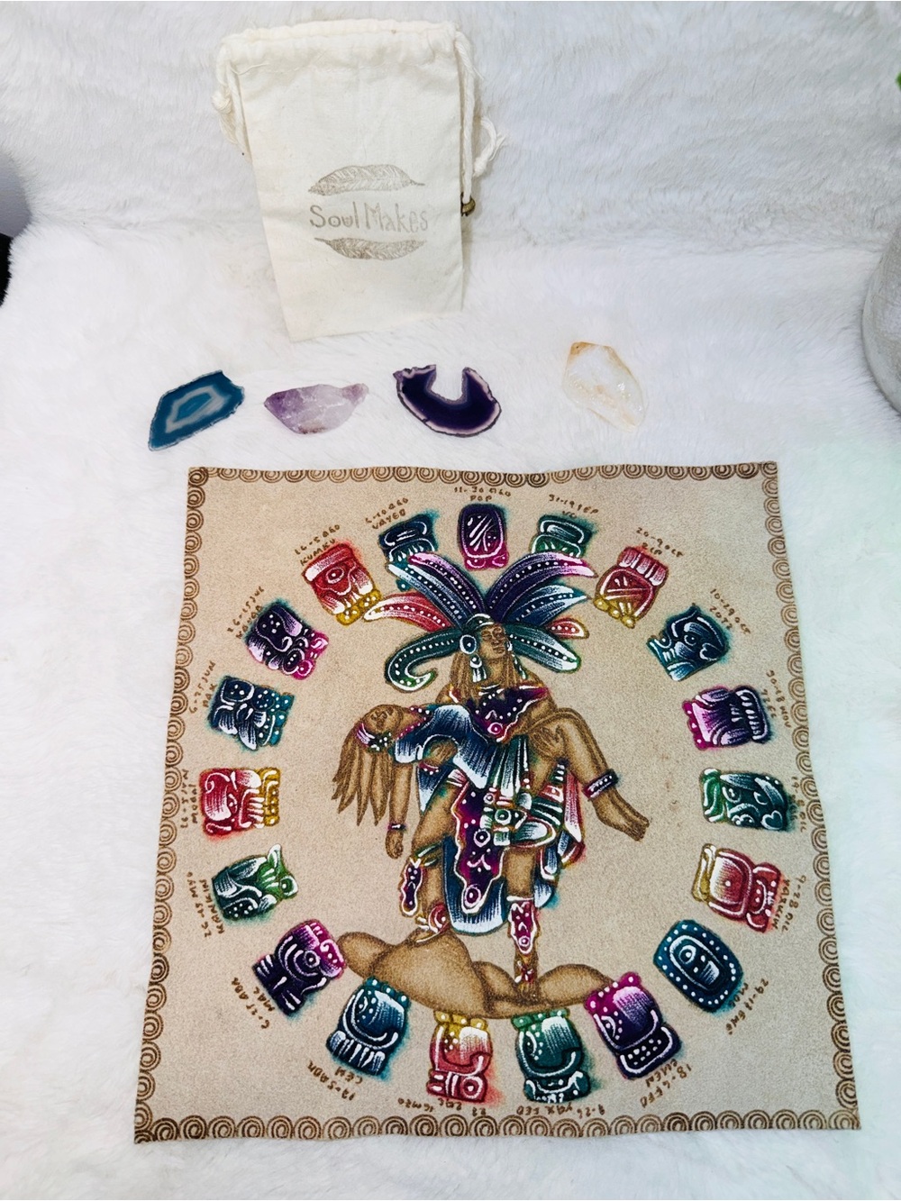 SoulMakes Aztec Ritual Cloth with Calendar Motif On Leather + 5 Crystals 💝